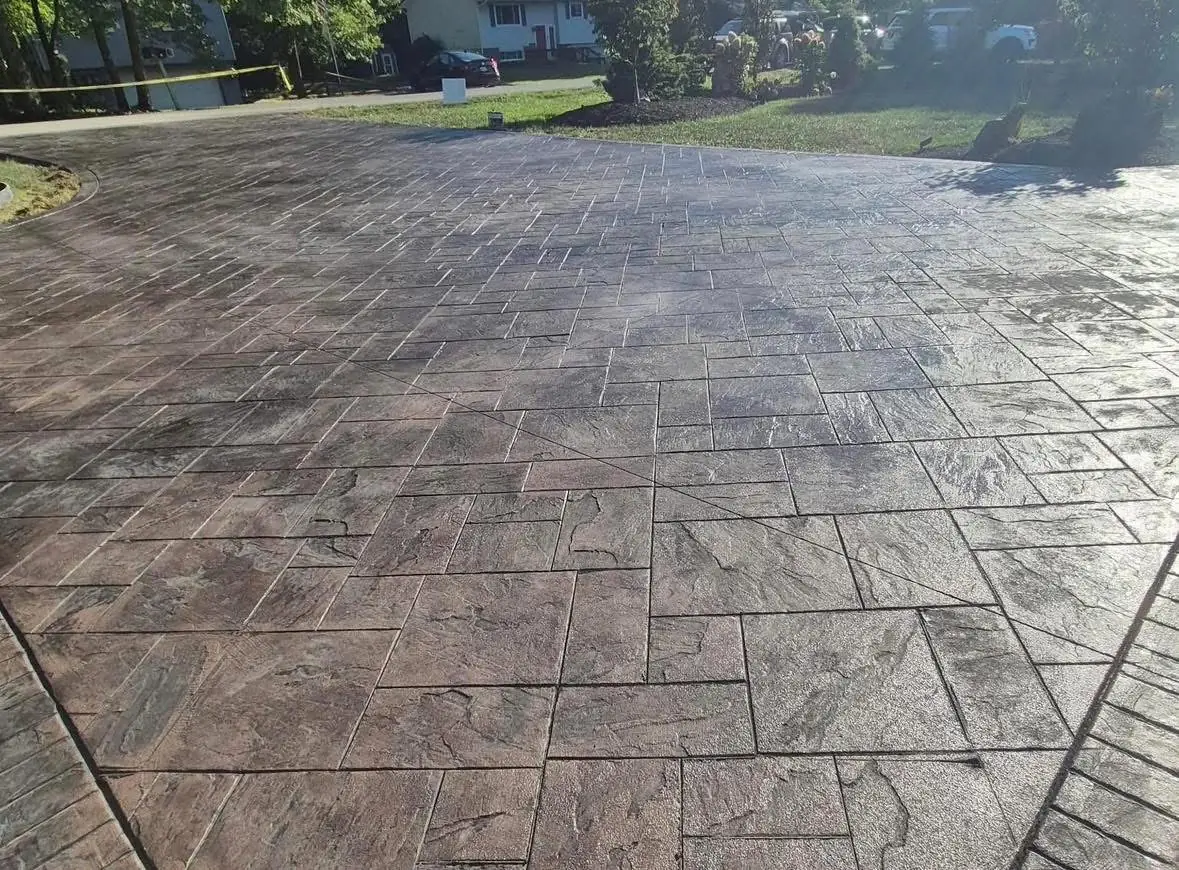 Premium stamped ashlar slate concrete driveway — Kondo's Koncrete signature project